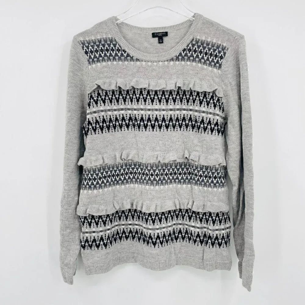 Talbots Petites Size Large Gray Fair Aisle Ruffled Lambswool Crewneck Sweater